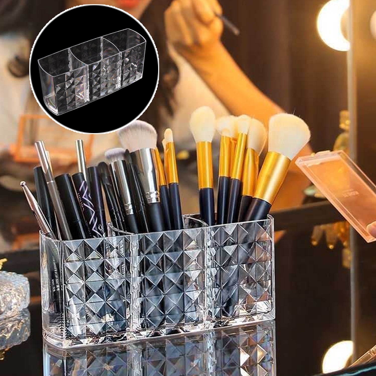 Elegant Crystal-effect 3-compartment Acrylic Makeup Brush Holder (1 Pc) Elegant Crystal-effect 3-compartment Acrylic Makeup Brush Holder (1 Pc)